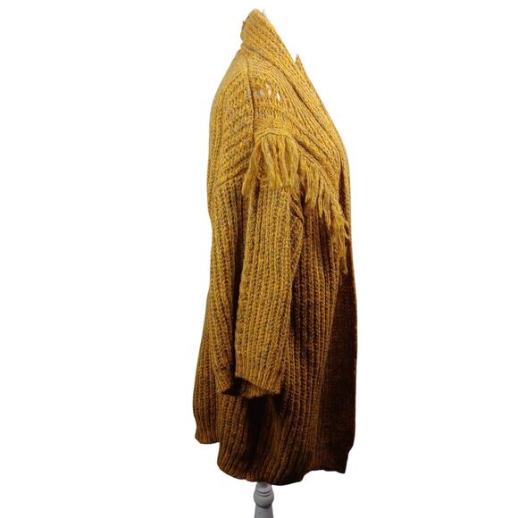 Anthropologie Stevie Boho Fringe Cardigan Sweater Mustard Chunky Oversized OS - Picture 2 of 12